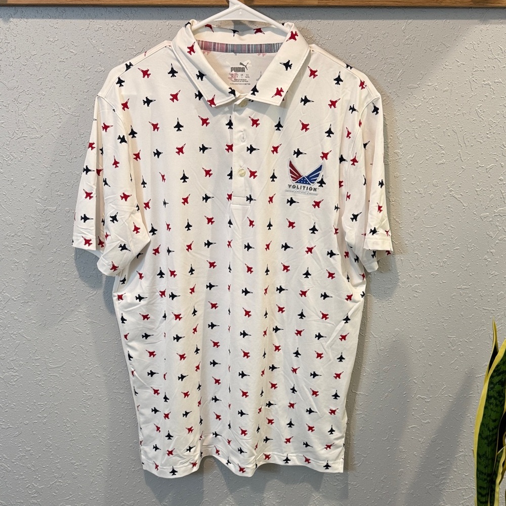 Puma White Polo Shirt with Red and Black Star Pattern